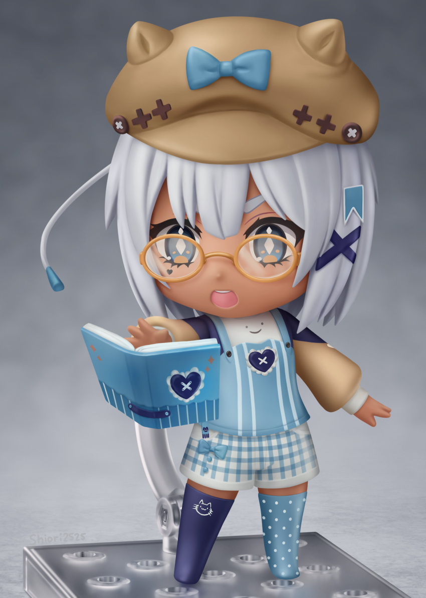 absurdres blue_eyes book brown-framed_eyewear chibi commission dark-skinned_female dark_skin diamond-shaped_pupils diamond_(shape) faux_figurine female full_body glasses grey_hair hair_ornament highres indie_virtual_youtuber looking_away nendoroid open_book open_mouth second-party_source shiori2525 short_hair solo sukafu_(vtuber) symbol-shaped_pupils teeth upper_teeth_only virtual_youtuber x_hair_ornament