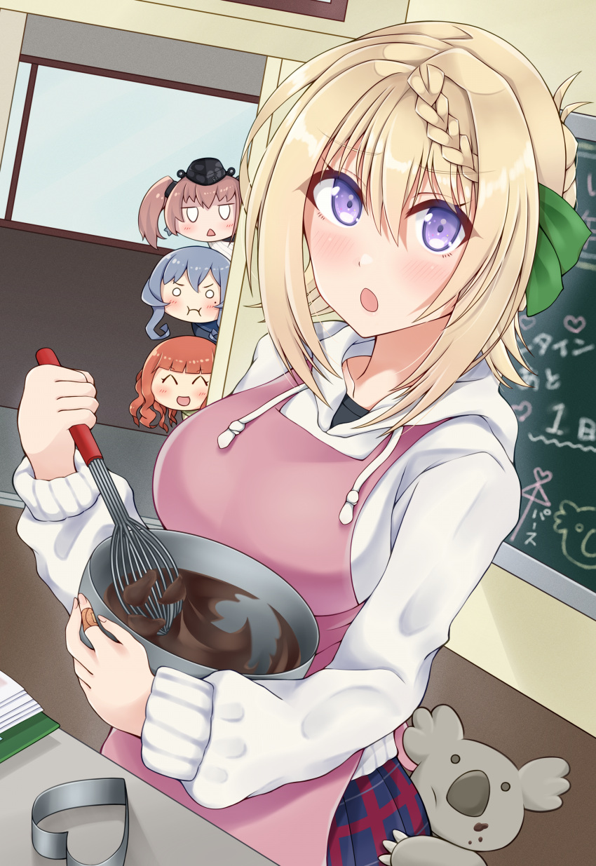 4girls :i absurdres atlanta_(kancolle) blonde_hair blue_skirt blurry bowl braid braided_bun chalkboard chocolate commentary_request de_ruyter_(kancolle) depth_of_field gotland_(kancolle) hair_bun heart_mold highres hood hooded_sweater hoodie jealous kantai_collection koala mold_(casting) multiple_girls official_alternate_costume otobi perth_(kancolle) plaid plaid_skirt pleated_skirt pout purple_eyes short_hair skirt solo_focus sweater upper_body whisk white_sweater