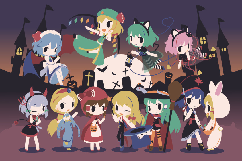 6+girls alice_margatroid blonde_hair blue_hair bow braid brown_hair character_request closed_mouth cobalta cosplay flandre_scarlet green_bow green_hair grey_hair hairbow hakurei_reimu halloween halloween_costume highres hong_meiling hong_meiling_(cosplay) izayoi_sakuya izayoi_sakuya_(cosplay) kirisame_marisa kochiya_sanae komeiji_koishi komeiji_satori long_hair looking_at_another looking_at_viewer moriya_suwako multiple_girls one_eye_closed pink_hair purple_hair remilia_scarlet short_hair touhou twin_braids yasaka_kanako