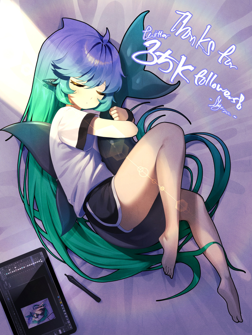 absurdres ahoge aqua_hair barefoot black_shorts blue_hair closed_eyes commentary_request drawing_tablet feet female fins fish_tail from_above gari_(sbgu) gradient_hair hair_spread_out highres horns hugging_own_tail hugging_tail lens_flare long_hair lying multicolored_hair on_side original sbgu shark_fin shark_girl shark_tail shirt short_shorts shorts sleeping solo t-shirt tail thighs very_long_hair white_shirt