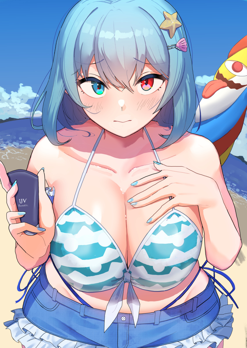 absurdres bikini blue_bikini blue_eyes blue_hair blue_nails blue_sky blush breasts cleavage closed_mouth commentary_request female frilled_bikini frills hand_on_own_chest heterochromia highres holding horizon karakasa_obake large_breasts looking_at_viewer lotion multicolored_umbrella outdoors red_eyes shell_hair_ornament short_hair sky solo starfish_hair_ornament striped_bikini striped_clothes sunscreen swimsuit tatara_kogasa tatara_kogasa_(beach_umbrella_castaway) tongue touhou touhou_lostword umbrella urizaku3