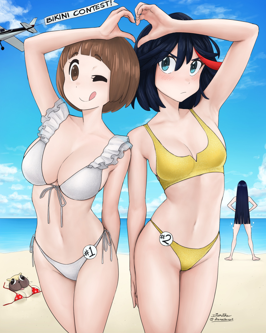 3girls ;p absurdres aircraft airplane alternate_costume beach bikini black_hair blue_eyes bob_cut breasts brown_eyes brown_hair canine cleavage day dismaiden front-tie_bikini_top front-tie_top guts_(kill_la_kill) heart heart_hands heart_hands_duo highres kill_la_kill kiryuuin_satsuki large_breasts long_hair looking_at_viewer mankanshoku_mako matoi_ryuuko multicolored_hair multiple_girls navel ocean one_eye_closed outdoors red_hair sand short_hair small_breasts streaked_hair swimsuit tongue tongue_out water white_bikini yellow_bikini