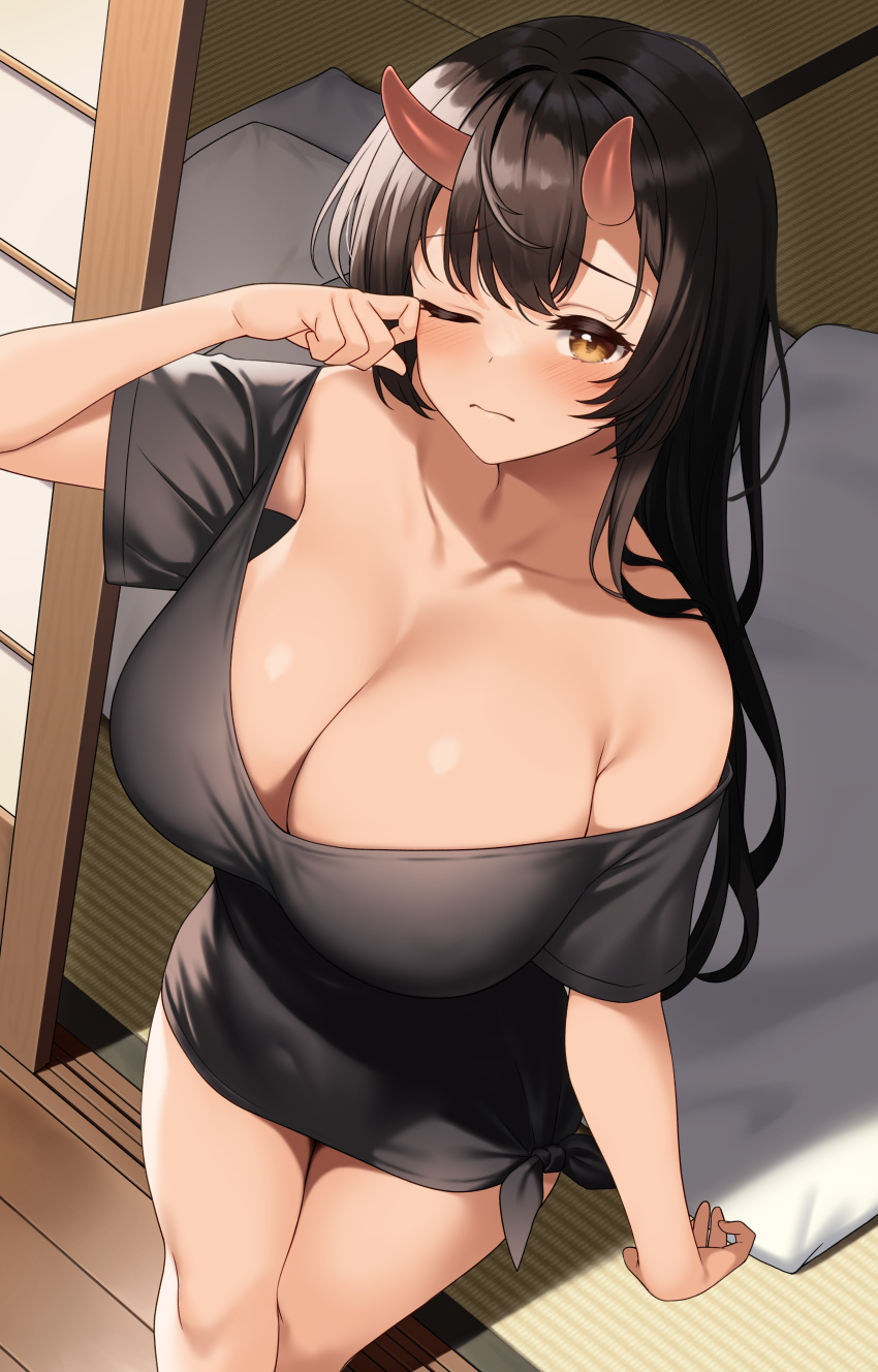 absurdres bare_shoulders black_hair blanket blush breasts brown_eyes cleavage closed_mouth collarbone commentary_request covered_navel enjo_kouhai female futon highres horns huge_breasts long_hair looking_at_viewer one_eye_closed oni origamine_ouka oversized_clothes oversized_shirt rubbing_eyes shirt short_sleeves skin-covered_horns sleepy sliding_doors solo takunomi very_long_hair waking_up