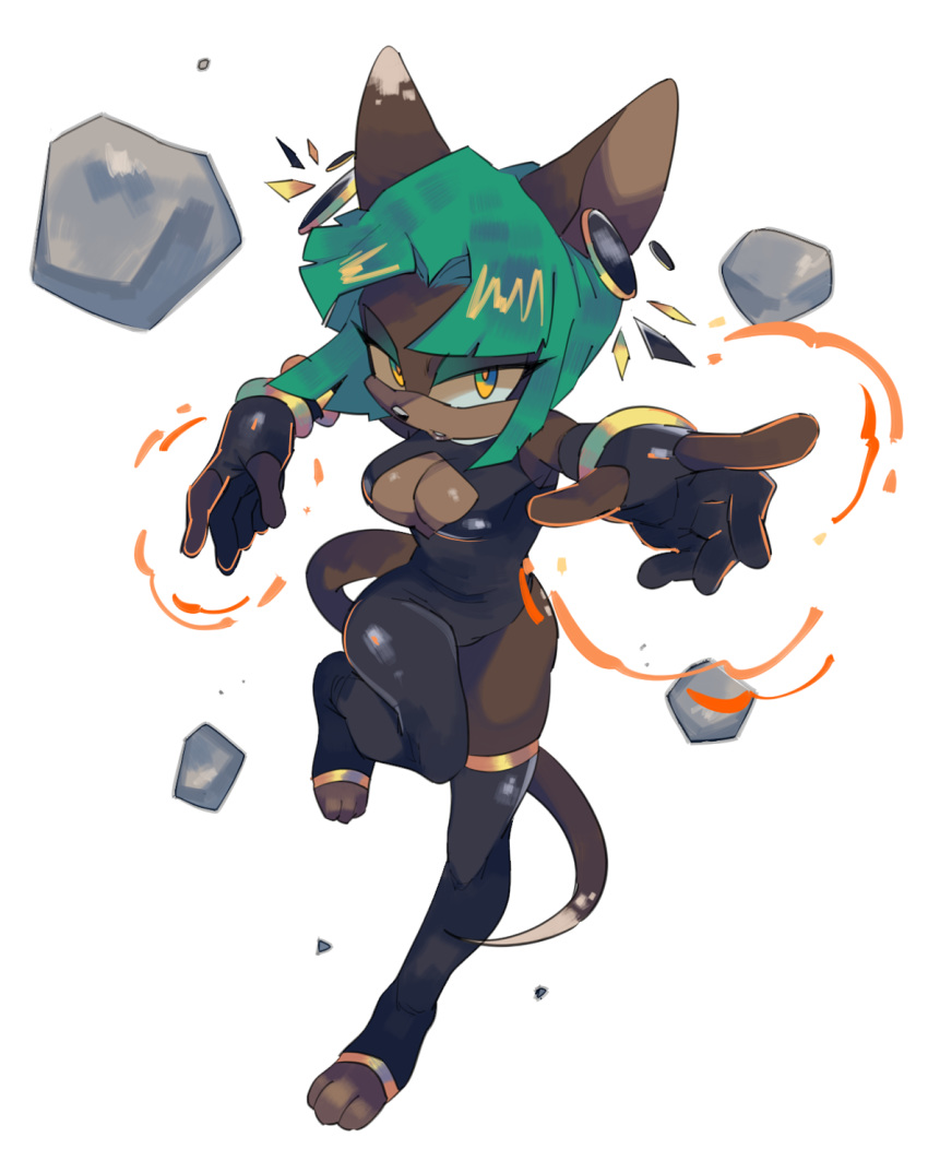 anthro black_clothing black_gloves black_handwear breasts cleavage cleavage_cutout clothed clothing cutout domestic_cat felid feline felis female fingerless_gloves gloves green_hair hair handwear hi_res legwear mammal r18 rock simple_background thigh_highs white_background