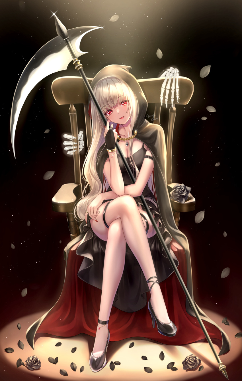 absurdres amagi_shino black_background black_footwear breasts chair cleavage crossed_legs female full_body high_heels highres hood large_breasts looking_at_viewer nail_polish original parted_lips petals red_eyes red_nails scythe sitting skeletal_hand smile solo thigh_strap thighs