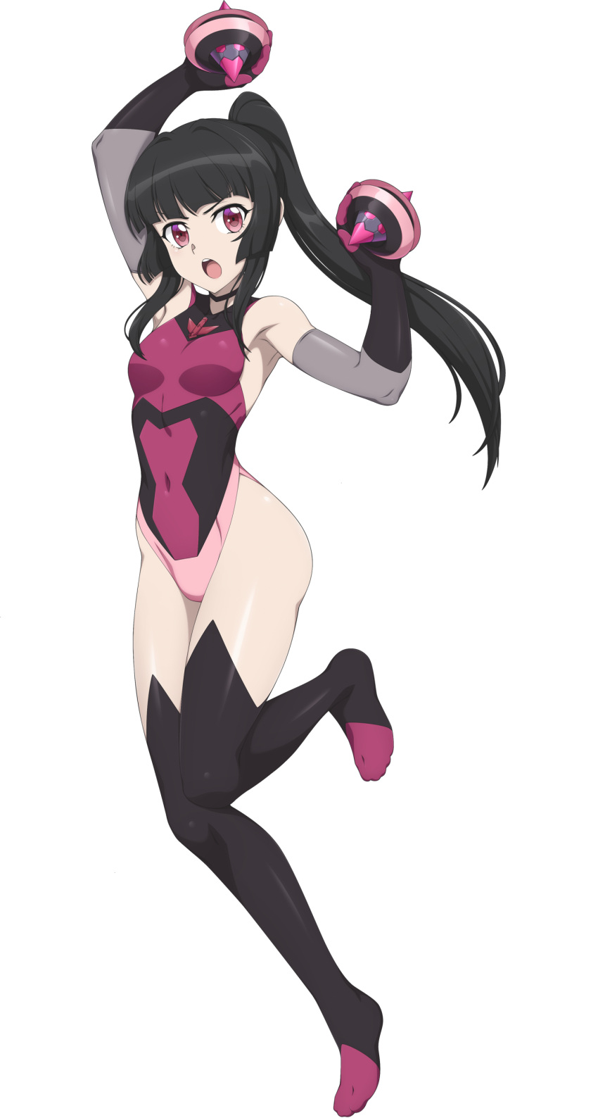 absurdres black_gloves black_hair black_thighhighs blunt_bangs breasts chuunioniika covered_navel elbow_gloves female gloves highres ignite_module leotard long_hair looking_at_viewer open_mouth pink_eyes pink_leotard senki_zesshou_symphogear shiny_skin skin_tight small_breasts solo thighhighs thighs transparent_background tsukuyomi_shirabe yo-yo