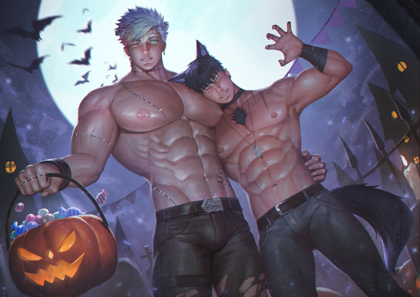 2boys abs animal_ears bara bat_(animal) belt black_hair black_nails candy castle claw_pose commentary denim dog_tags english_commentary food halloween hug jeans jewelry large_pectorals leaning_on_person leather leather_belt looking_at_viewer male_focus moon multiple_boys muscular muscular_male necklace nickakito night night_sky nipples one_eye_closed original outdoors pants pectorals pumpkin short_hair sky smile spiked_hair star_(sky) starry_sky stomach_tattoo tattoo thick_arms topless_male torn_clothes torn_pants white_hair wristband yaoi