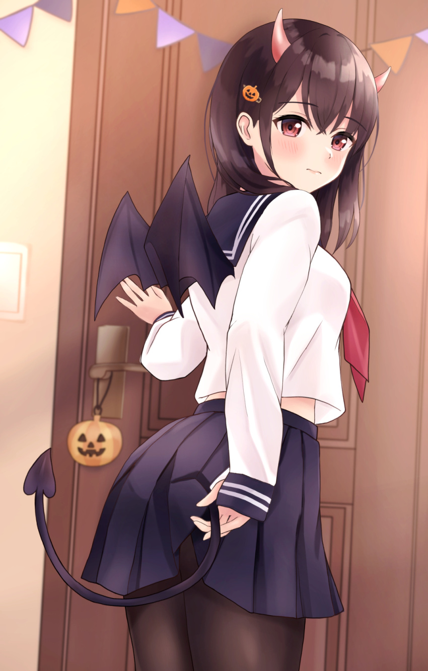 black_hair black_pantyhose black_sailor_collar black_skirt black_wings blush breasts commentary demon_girl demon_horns demon_tail demon_wings door female from_behind hair_between_eyes hair_ornament hairclip halloween harumiya_saki highres horns indoors jack-o'-lantern jack-o'-lantern_hair_ornament looking_at_viewer looking_back midriff_peek neckerchief original pantyhose pennant pleated_skirt red_eyes red_neckerchief sailor_collar school_uniform serafuku shirt skirt small_breasts solo string_of_flags tail white_shirt wings yukimaru217