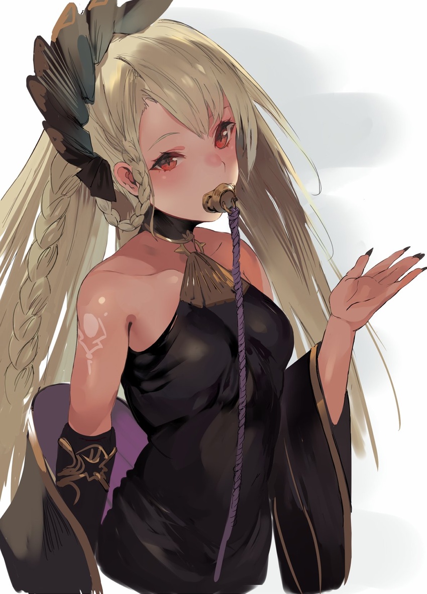 bad_id bad_twitter_id bare_shoulders black_dress black_nails blonde_hair braid breasts choker collarbone dark-skinned_female dark_skin dress female fingernails granblue_fantasy helel_ben_shalem highres long_fingernails long_hair long_sleeves looking_at_viewer magaeshi medium_breasts pacifier red_eyes slit_pupils solo very_long_hair wide_sleeves