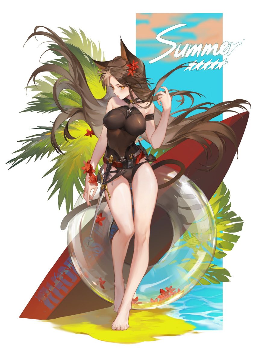 animal_ears arknights armband bare_legs barefoot beach black_one-piece_swimsuit breasts brown_eyes brown_hair cat_ears cat_tail chinese_commentary closed_mouth commentary_request covered_navel earrings english_text female flower flower_bracelet full_body hair_flower hair_ornament highres innertube jewelry large_breasts long_hair looking_at_viewer official_alternate_costume one-piece_swimsuit orange_eyes shuaigegentou sidelocks single_earring skyfire_(arknights) skyfire_(temperature_difference)_(arknights) solo standing summer surfboard swim_ring swimsuit sword tail weapon