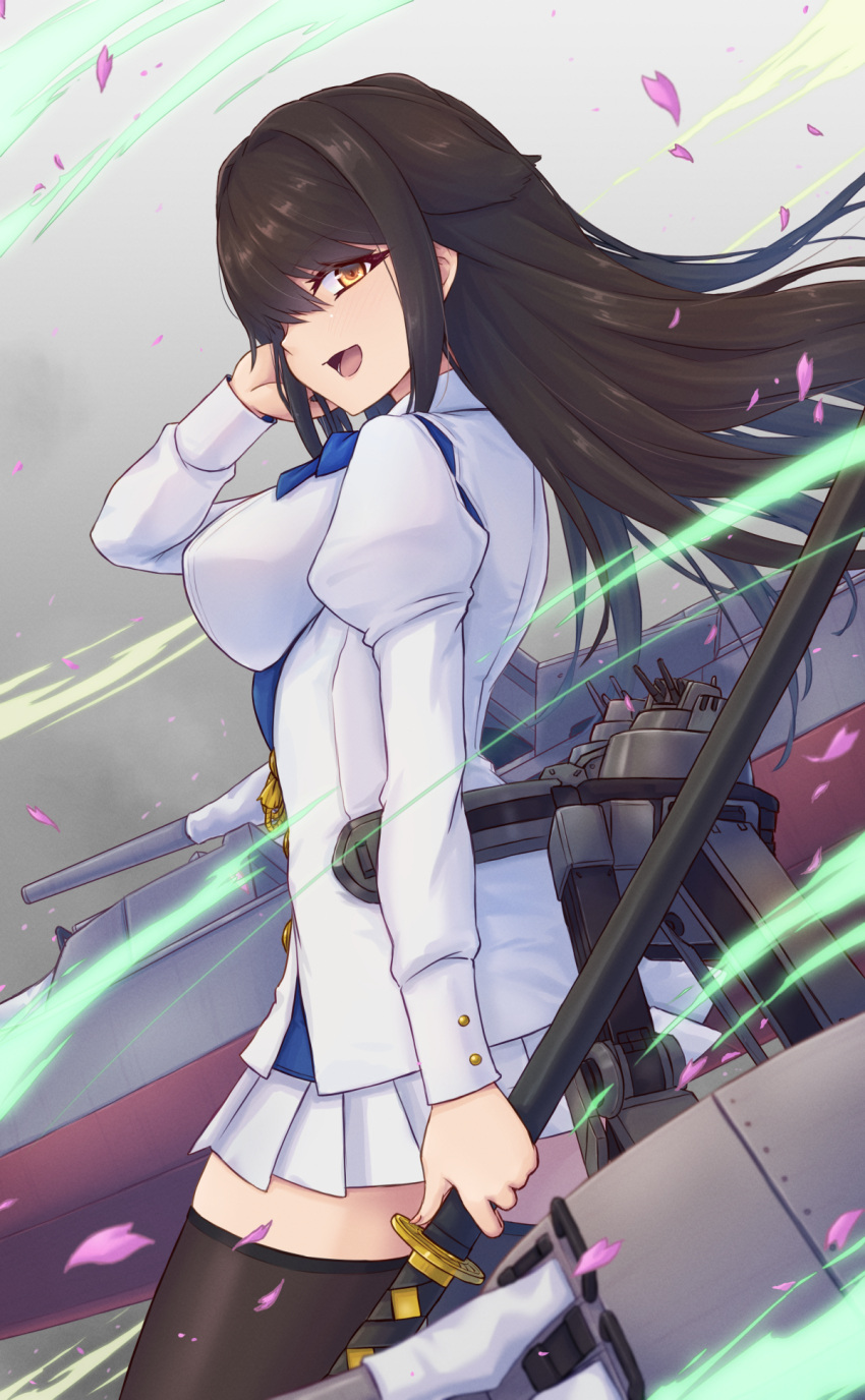 animal_ears artillery azur_lane black_hair black_thighhighs breasts choukai_(azur_lane) cowboy_shot dog_ears female from_side grey_background hand_in_own_hair highres holding holding_sword holding_weapon jacket juliet_sleeves katana large_breasts long_hair long_sleeves looking_at_viewer looking_to_the_side miniskirt pleated_skirt puffy_sleeves rigging simple_background skirt solo sword thighhighs turret waa!_okami weapon white_jacket white_skirt yellow_eyes zettai_ryouiki