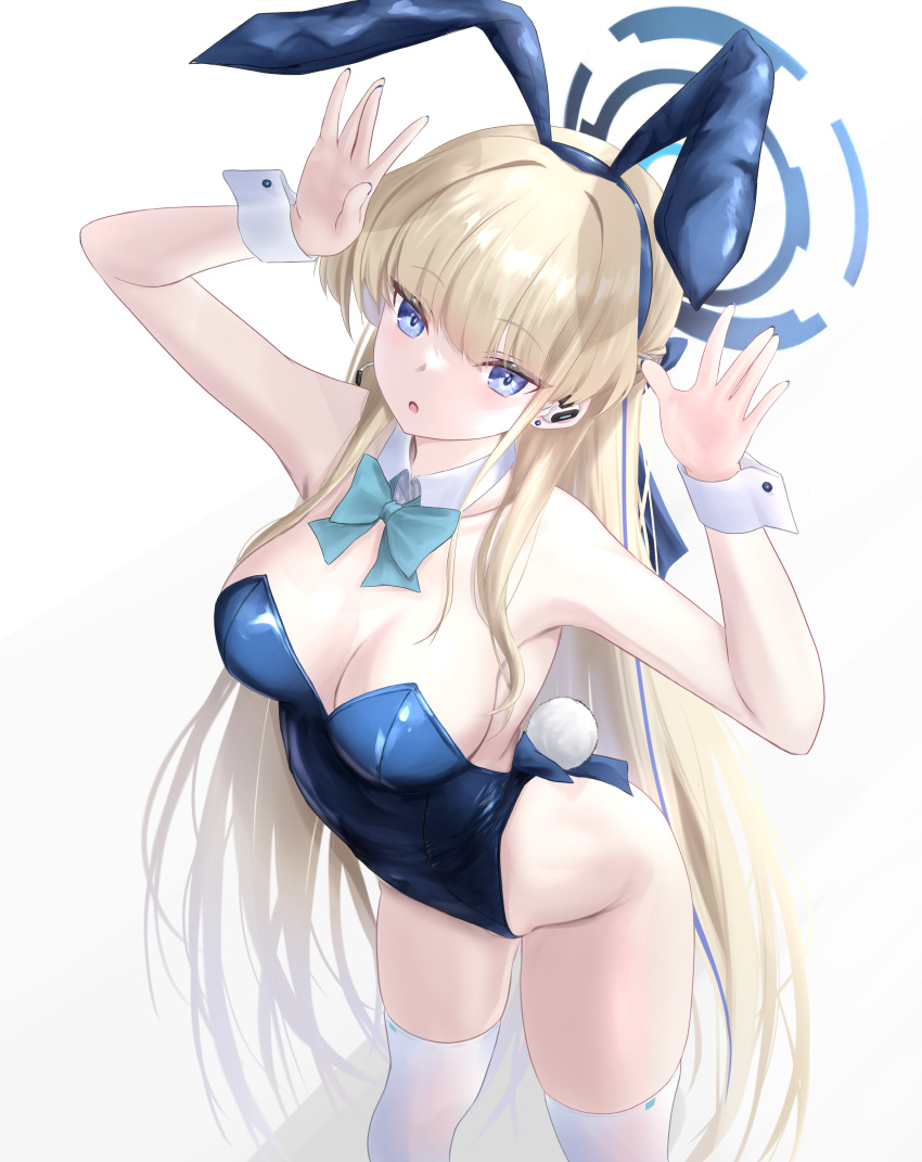 :o absurdres animal_ears blonde_hair blue_archive blue_bow blue_eyes blue_hairband blue_halo blue_leotard bow breasts detached_collar earrings fake_animal_ears fake_tail female hairband halo hands_up headset highleg highleg_leotard highres jewelry leaning_forward leotard long_hair medium_breasts microphone noa_(skae3323) official_alternate_costume official_alternate_hairstyle piercing playboy_bunny rabbit_ears rabbit_pose rabbit_tail solo strapless strapless_leotard stud_earrings tail thighhighs toki_(blue_archive) toki_(bunny)_(blue_archive) very_long_hair white_thighhighs wrist_cuffs