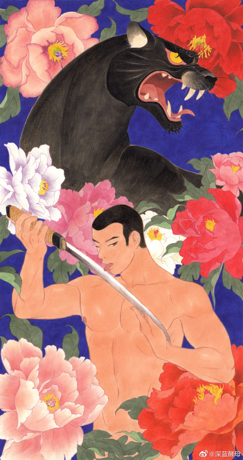 1boy abs angry animal bara black_hair black_panther buzz_cut completely_nude cowboy_shot floral_background flower_censor highres holding holding_knife holding_weapon knife large_pectorals leaf leaf_censor leopard licking licking_blade licking_weapon looking_at_viewer male_focus muscular muscular_male navel nipples nude one_eye_closed original pectorals receding_hairline sblue_(smbluechao) short_hair sideburns slit_pupils solo very_short_hair weapon whiskers