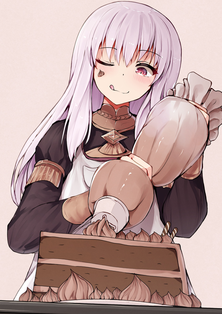 ;) ;p apron black_jacket blush cake commentary_request female fire_emblem fire_emblem:_three_houses food garreg_mach_monastery_uniform grey_background grey_hair highres holding icing jacket long_hair long_sleeves lysithea_von_ordelia one_eye_closed pink_eyes se-u-ra simple_background smile solo tongue tongue_out white_apron