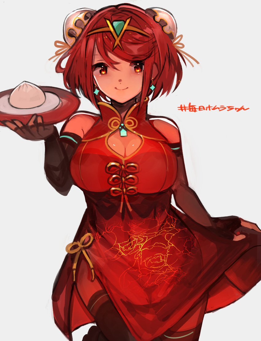 absurdres breasts bun_cover chest_jewel china_dress chinese_clothes cleavage cleavage_cutout clothing_cutout dress female highres large_breasts pyra_(xenoblade) red_eyes red_hair short_hair swept_bangs tarbo_(exxxpiation) xenoblade_chronicles_(series) xenoblade_chronicles_2