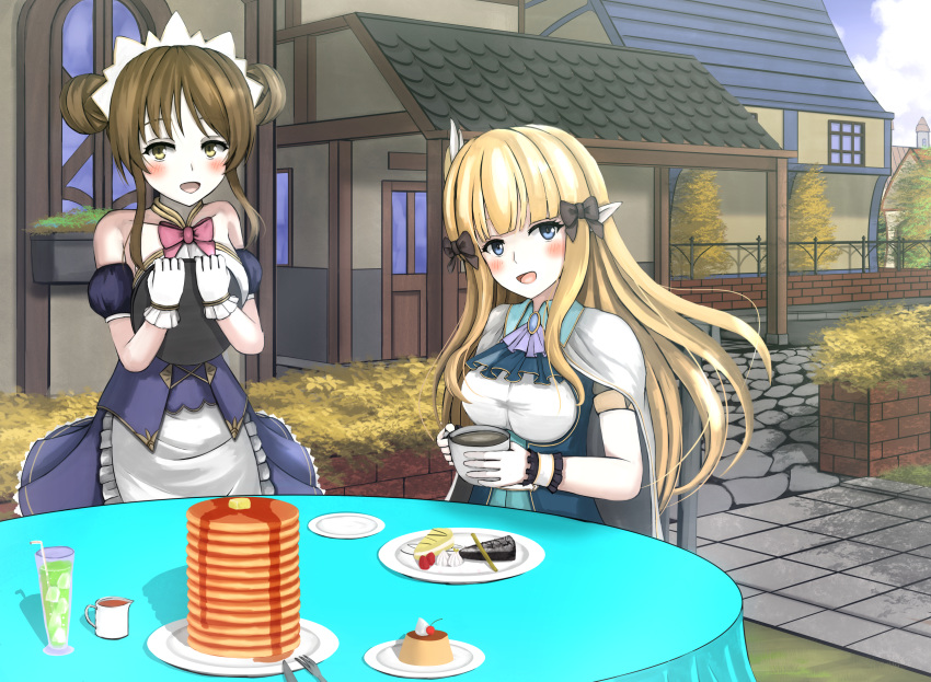 2girls ascot bare_shoulders black_bow blonde_hair blue_dress blue_eyes blunt_bangs blush bow breasts brown_eyes brown_hair cup detached_sleeves double_bun dress elf flower food gloves hair_bun hair_flower hair_ornament hairbow highres holding holding_cup holding_tray long_hair looking_at_viewer loots multiple_girls open_mouth outdoors pancake pointy_ears princess_connect! puffy_detached_sleeves puffy_sleeves saren_(princess_connect!) sidelocks sitting smile standing suzume_(princess_connect!) tray white_gloves