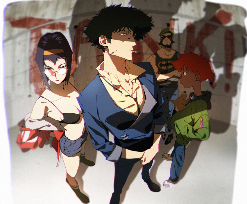 3boys against_wall bare_shoulders batman_symbol beard black_bra black_hair blue_hair blue_suit bra breasts canine cigarette collarbone collared_shirt cowboy_bebop denim denim_shorts edward_wong_hau_pepelu_tivrusky_iv ein_(cowboy_bebop) english_commentary facial_hair faye_valentine female fisheye formal goggles goggles_around_neck green_eyes green_headwear hairband highres hood hooded_jacket il_kwang_kim jacket jeans jet_black leaning_back lipstick looking_at_viewer loose_necktie makeup multiple_boys muscular muscular_male necktie orange_hair pants red_jacket red_lips round_eyewear shirt shoes short_hair short_shorts shorts small_breasts smoking sneakers spike_spiegel standing suit sunglasses tank_top underwear v_arms yellow_shirt