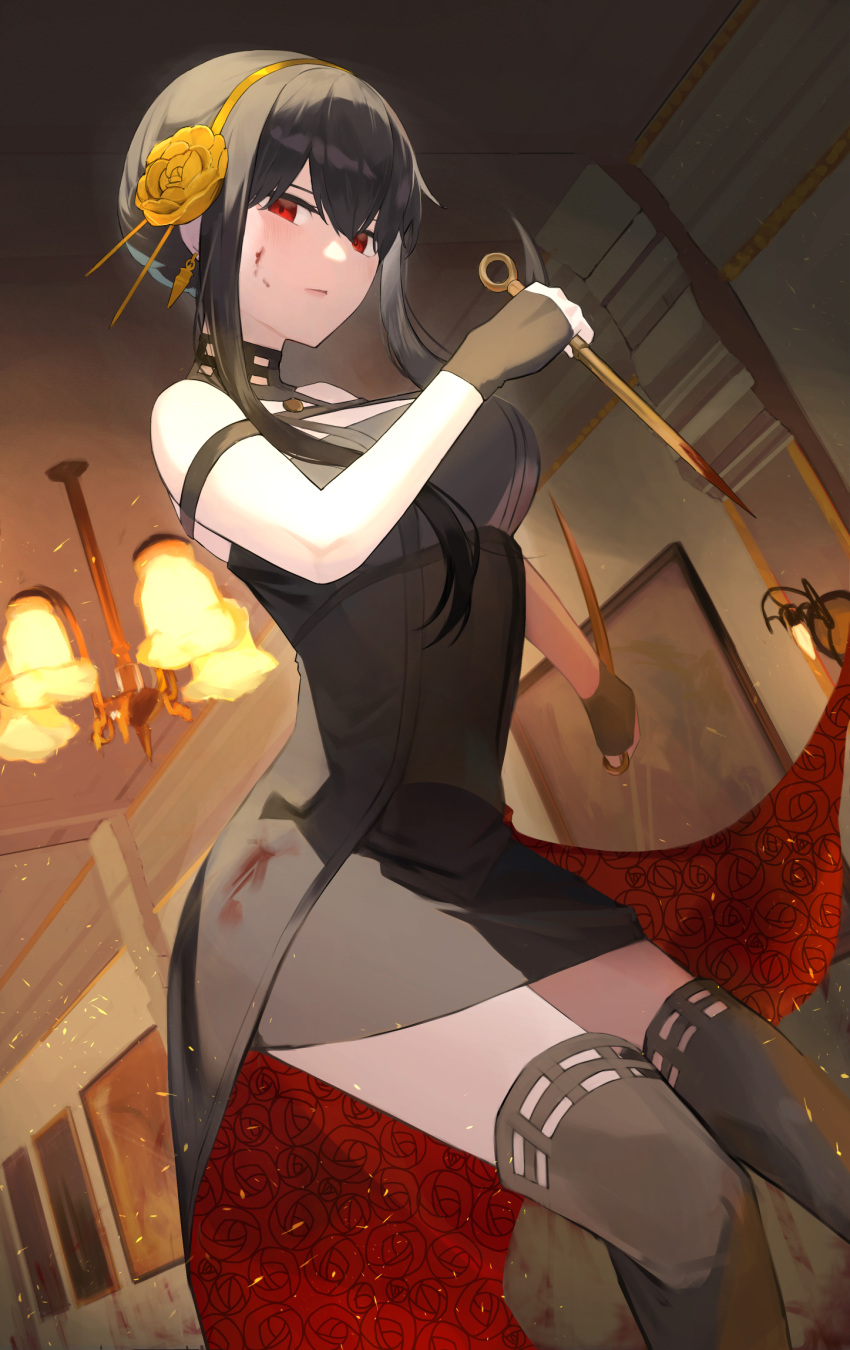 black_dress black_gloves black_hair black_thighhighs blood blood_on_face closed_mouth dagger dress dual_wielding female fingerless_gloves flower gloves gold_hairband hair_flower hair_ornament hairband highres holding holding_dagger holding_knife holding_weapon indoors knife long_hair looking_at_viewer rakkasei red_eyes reverse_grip rose solo spy_x_family thighhighs two-sided_dress two-sided_fabric weapon yor_briar