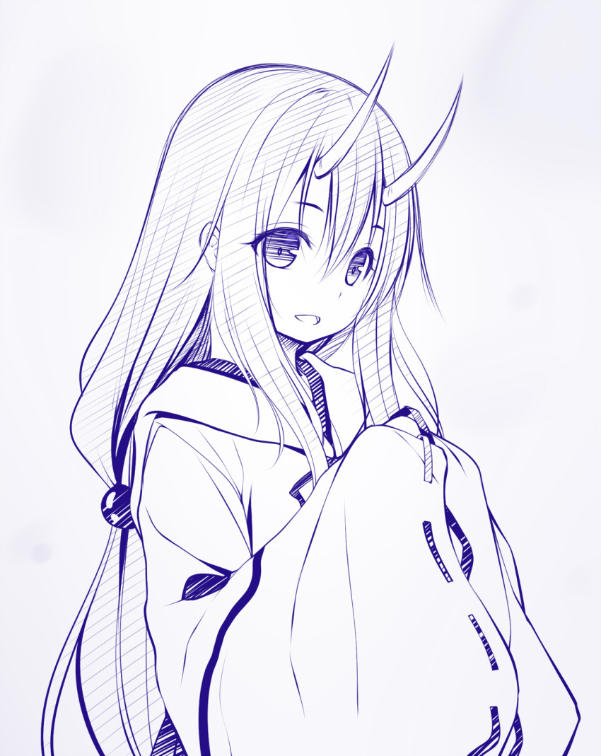 commentary_request female grey_background hair_between_eyes hands_up haryuu_(poetto) highres horns japanese_clothes kimono long_hair long_sleeves looking_at_viewer monochrome oni oni_horns open_mouth ribbon-trimmed_sleeves ribbon_trim shuna_(tensei_shitara_slime_datta_ken) simple_background sleeves_past_fingers sleeves_past_wrists smile solo tensei_shitara_slime_datta_ken upper_body very_long_hair wide_sleeves