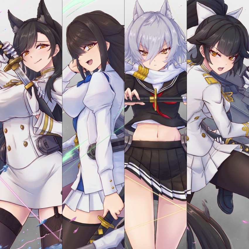 4girls :q absurdly_long_hair animal_ears atago_(azur_lane) azur_lane black_footwear black_garter_straps black_hair black_serafuku black_shirt black_skirt black_thighhighs bow breasts brown_pantyhose brown_thighhighs buttons choukai_(azur_lane) commentary_request cowboy_shot crop_top dog_ears double-breasted extra_ears from_side garter_straps gloves grey_background hair_between_eyes hair_ears hair_flaps hairbow half_gloves hand_in_own_hair highres holding holding_sword holding_weapon jacket juliet_sleeves katana large_breasts leg_up lightning long_hair long_sleeves looking_at_viewer looking_to_the_side maya_(azur_lane) midriff military military_uniform miniskirt mole mole_under_eye multiple_girls navel odd_one_out open_mouth orange_eyes pantyhose pencil_skirt pleated_skirt ponytail puffy_sleeves scabbard scarf school_uniform serafuku sheath sheathed shirt shoes short_hair simple_background skirt sword takao_(azur_lane) thighhighs tongue tongue_out uniform unsheathing very_long_hair waa!_okami weapon white_bow white_gloves white_hair white_jacket white_scarf white_skirt yellow_eyes zettai_ryouiki