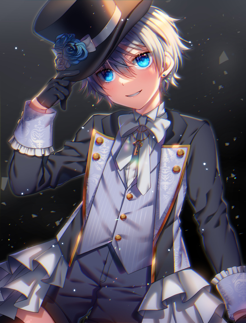 1boy absurdres aqua_eyes black_background blue_eyes bow buttons commission dark_background drill_hair earrings formal ginjiro_(ginziro525) gloves grey_hair hair_between_eyes hat hat_bow highres jewelry long_sleeves looking_at_viewer male_focus original simple_background single_earring skeb_commission smile suit teeth tilted_headwear top_hat twin_drills upper_body