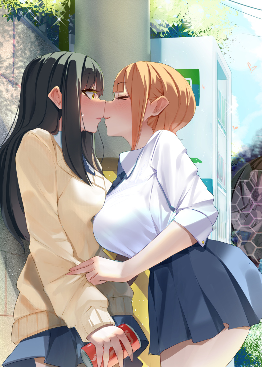 2girls against_wall assertive_female asymmetrical_docking black_hair blue_skirt blush breast_press breasts can closed_eyes commentary_request commission embarrassed heart highres holding holding_can imminent_kiss large_breasts long_hair long_sleeves looking_at_another medium_breasts mieruko-chan miniskirt monobe_yuri multiple_girls noses_touching orange_hair outdoors school_uniform shirt short_hair skeb_commission skirt smile sunlight surprised sweatdrop tented_shirt thighs vending_machine white_shirt yellow_eyes yotsuya_miko yuri yurikawa_hana