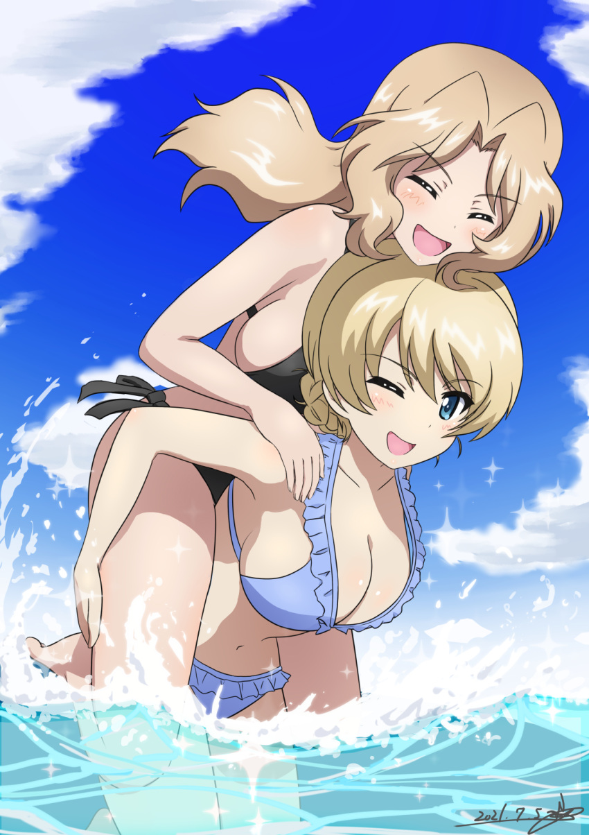 2girls :d ;d bikini bikini_top_only black_bikini blonde_hair blue_bikini blue_eyes blue_sky blush braid breasts bukkuri carrying cloud cloudy_sky darjeeling_(girls_und_panzer) day frilled_bikini frills girls_und_panzer hair_intakes highres kay_(girls_und_panzer) large_breasts leaning_forward light_blush long_hair looking_at_viewer multiple_girls one_eye_closed open_mouth outdoors piggyback side-by-side sky smile standing swimsuit yuri