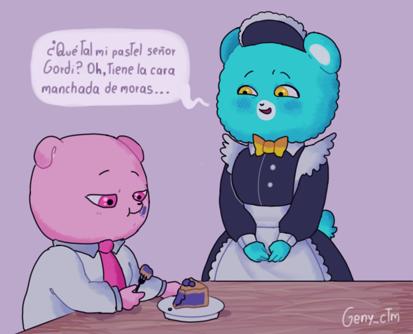 2023 achuchones_(unicorn_wars) anthro bear biped blue_body blush bow_tie clothing dessert dialogue duo food geny_ctm gordi_(unicorn_wars) hi_res maid_uniform mammal necktie pastry pie pink_body shirt spanish_text text topwear translated unicorn_wars uniform