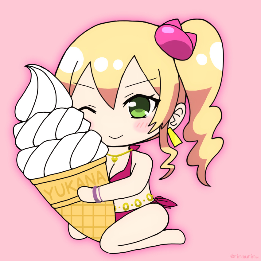 belt bikini character_name chibi earrings female food gold_trim green_eyes gyaru hair_ornament hajimete_no_gal heart ice_cream jewelry multicolored_hair necklace one_eye_closed pink_background ponytail rabrimu1329 solo swimsuit yame_yukana