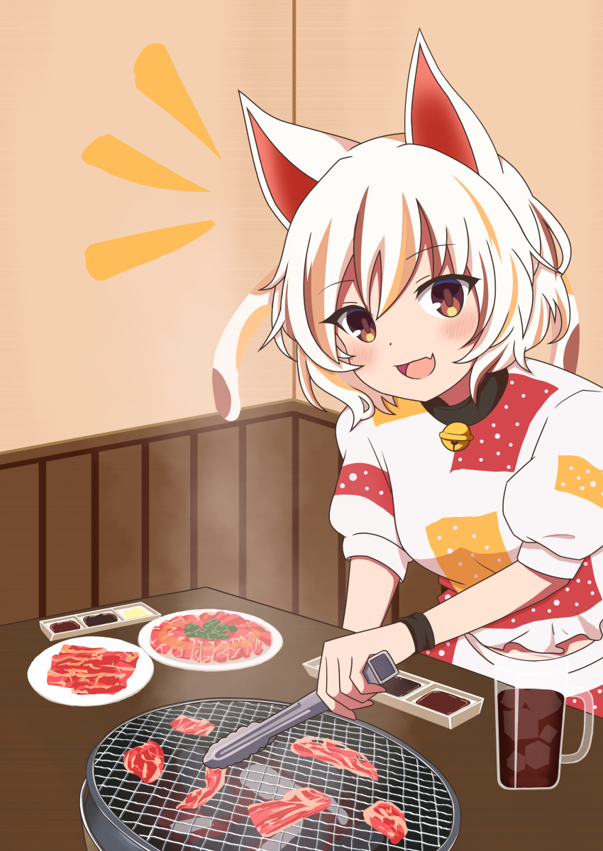 :d absurdres animal_ears bansyakumikan bell calico cat_ears cat_girl cat_tail commentary_request cookie cooking crop_top female food goutokuji_mike grilling highres jingle_bell looking_at_viewer maneki-neko meat medium_skirt multicolored_hair multicolored_shirt multicolored_tail notice_lines oerba_yun_fang open_mouth orange_eyes patch short_hair skin_fang skirt smile solo streaked_hair tail touhou white_hair yakiniku