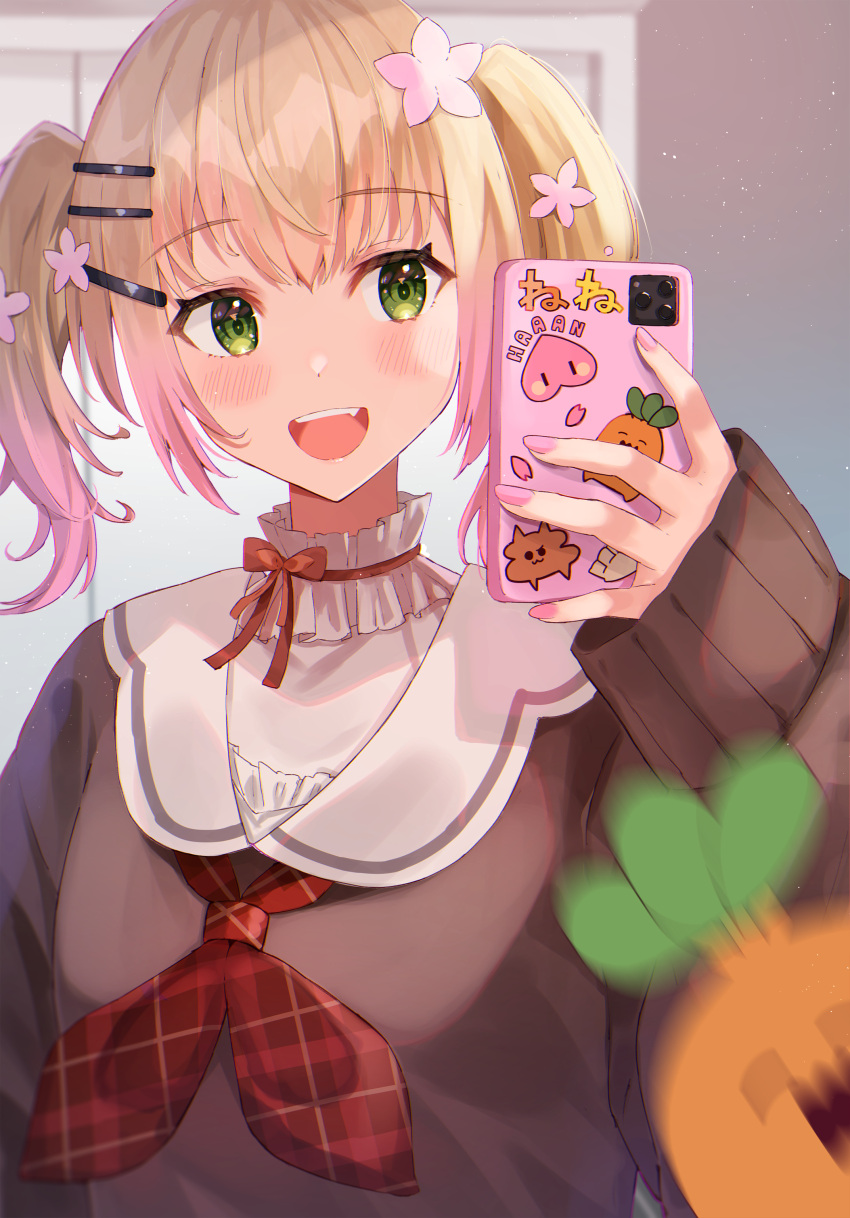 :d absurdres blonde_hair blush brown_sweater cellphone female flower frilled_shirt_collar frills gradient_hair green_eyes hair_flower hair_ornament hairclip haru_yu highres holding holding_phone hololive medium_hair momosuzu_nene momosuzu_nene_(casual) multicolored_hair nail_polish neckerchief nekko_(momosuzu_nene) oerba_yun_fang official_alternate_costume official_alternate_hair_length official_alternate_hairstyle open_mouth phone photobomb pink_hair plaid_neckerchief red_neckerchief sailor_collar school_uniform selfie serafuku smartphone smile solo_focus sweater teeth twintails upper_teeth_only virtual_youtuber