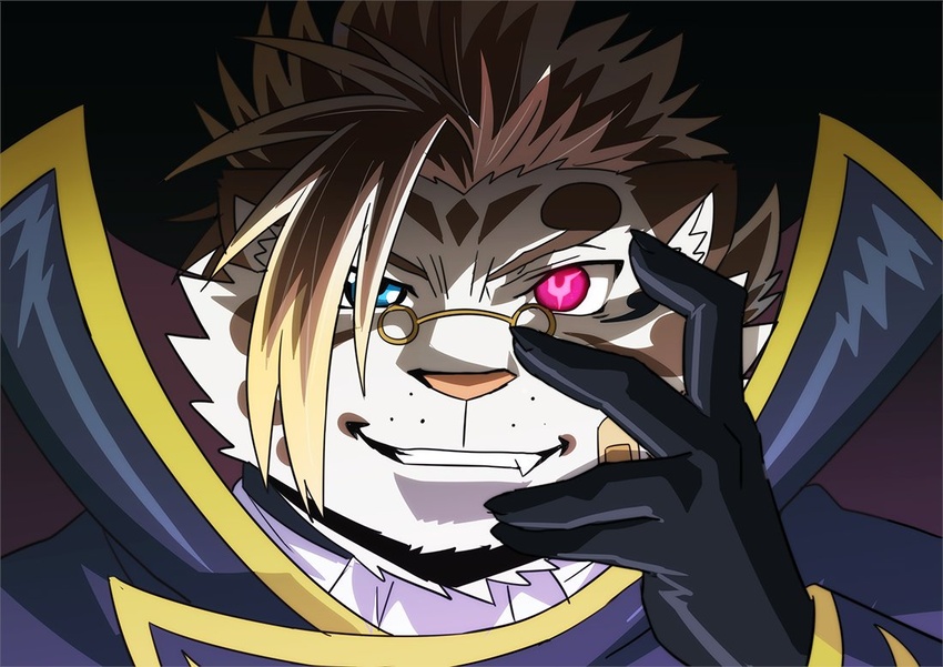 1boy black_gloves brown_hair code_geass cosplay evil_smile furry furry_male gloves grin hair_strand lelouch_vi_britannia lelouch_vi_britannia_(cosplay) licho_(housamo) looking_at_viewer male_focus oerba_yun_fang rossciaco round_eyewear short_hair smile solo tokyo_afterschool_summoners upper_body