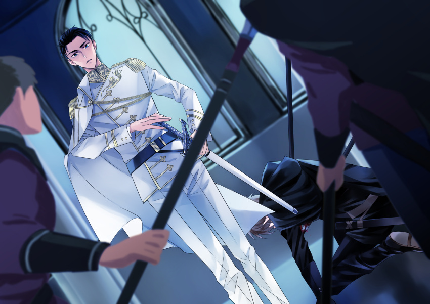 3boys absurdres belt black_hair blurry blurry_foreground cape chinese_commentary commentary_request dutch_angle fugou_keiji_balance:unlimited highres holding holding_weapon indoors ishiifuyun kanbe_daisuke katou_haru male_focus multiple_boys pants sheath sheathed sword weapon white_cape white_pants