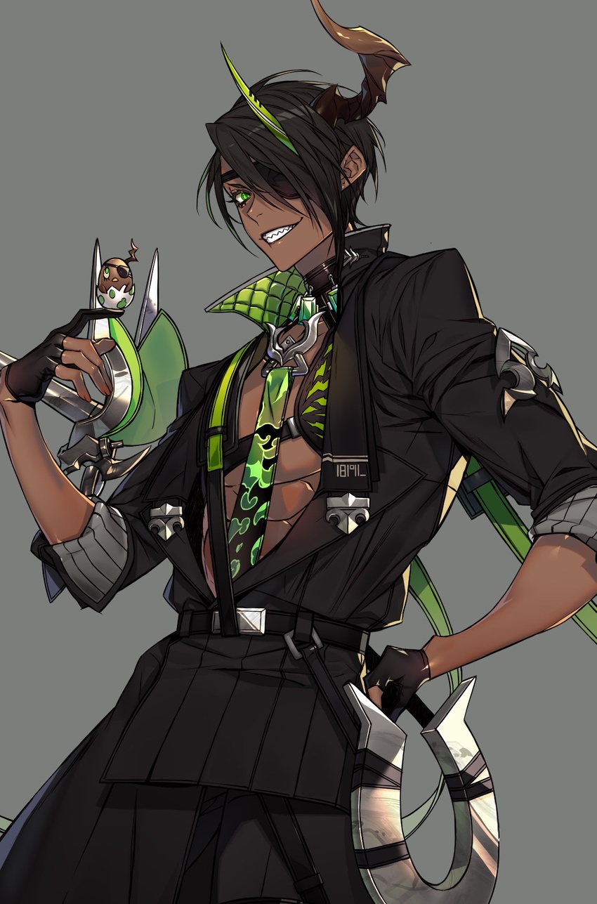 1boy aragami_oga black_choker black_hair choker cowboy_shot dark-skinned_male dark_skin egg eyepatch green_eyes grey_background grin hair_over_one_eye hand_on_own_hip highres hoe-l holostars horns jewelry looking_at_viewer male_focus on_finger one_eye_covered open_mouth pectorals sharp_teeth short_hair simple_background single_horn slit_pupils smile solo standing teeth upper_body virtual_youtuber