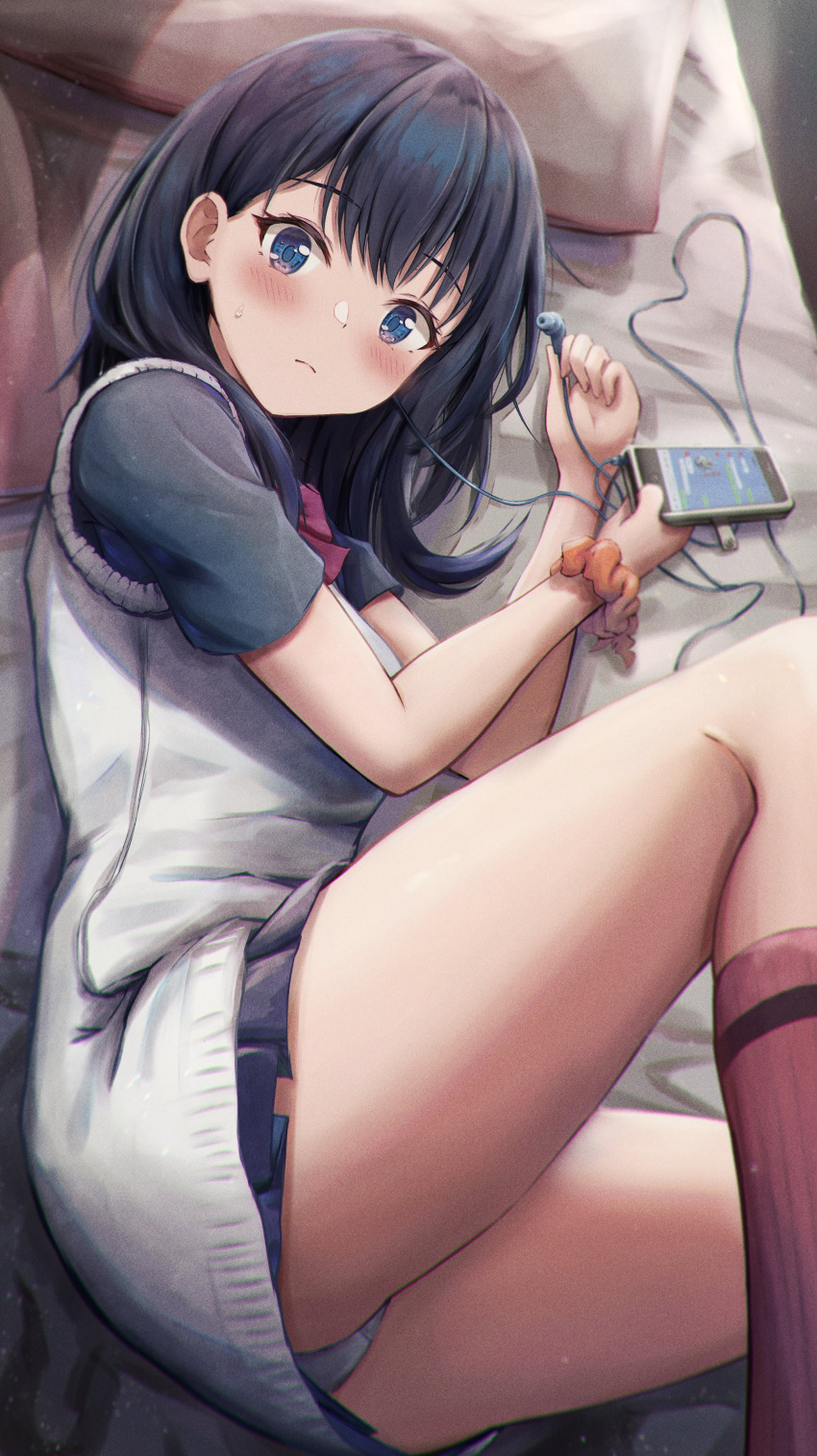 absurdres bad_id bad_twitter_id bed_sheet black_hair black_shirt black_skirt blush cellphone cellphone_photo dress earphones female gridman_universe gridman_universe_(film) highres looking_at_viewer lying masuku_(saint_mask) on_bed panties pantyshot phone scrunchie shirt short_sleeves skirt sleeveless sleeveless_sweater solo ssss.gridman sweatdrop sweater sweater_dress takarada_rikka thighs underwear white_panties wrist_scrunchie