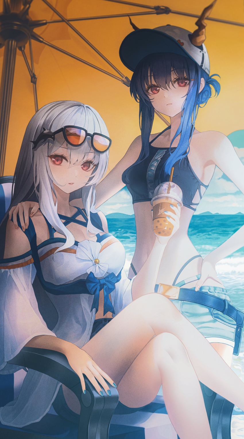 2girls absurdres arknights armpits bad_id bad_twitter_id bare_shoulders beach_umbrella belt bubble_tea ch'en_(arknights) chair closed_mouth cloud commentary crop_top cup detached_sleeves dress eyewear_on_head female_tourist_c_(arknights) glasses hand_on_another's_shoulder hat highres holding holding_cup long_hair looking_at_viewer midriff multiple_girls navel official_alternate_costume parted_lips ribbon shaffelli shorts sidelocks sitting skadi_(arknights) skadi_(waverider)_(arknights) sky sleeveless standing thighs umbrella water