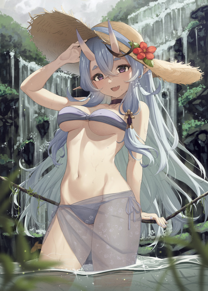 bandeau bare_shoulders baseness bikini black_choker black_hair blush breasts choker cowboy_shot female flower foliage hair_between_eyes hat hat_flower highres horns light_purple_hair long_hair looking_at_viewer medium_breasts mole mole_on_thigh mole_under_mouth multicolored_hair navel nijisanji oerba_yun_fang oni open_mouth outdoors pointy_ears purple_bikini purple_eyes rindou_mikoto sarong see-through see-through_sarong short_eyebrows side-tie_bikini_bottom skin-covered_horns skin_fang smile solo stomach strapless strapless_bikini straw_hat streaked_hair string_bikini swimsuit thick_eyebrows two-tone_hair underboob virtual_youtuber wading water waterfall wet