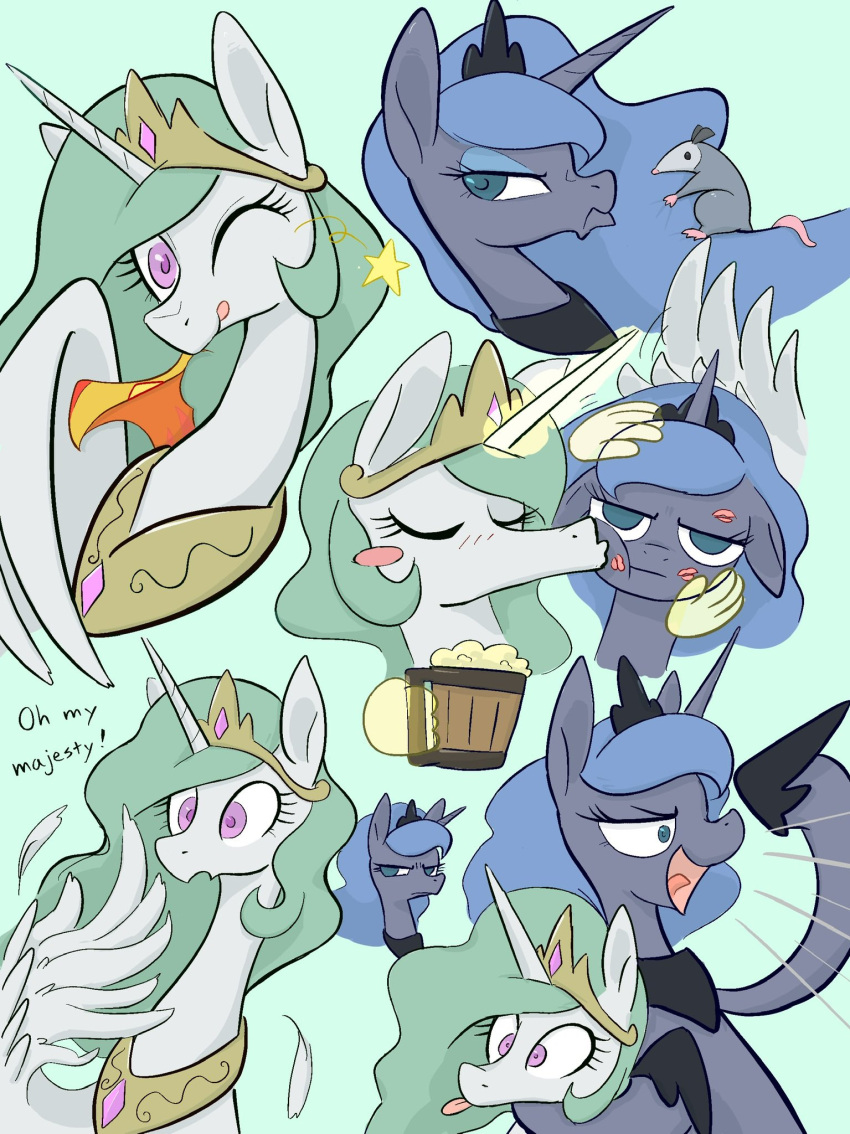 alicorn american_opossum anthro beverage crown drunk english_text equid equine female feral friendship_is_magic group hasbro headgear hi_res horn horse kiss_mark kiss_mark_on_face kissing kissing_cheek mammal marsupial my_little_pony mythological_creature mythological_equine mythology noupu1115 one_eye_closed pegasus philomena_(mlp) princess_celestia_(mlp) princess_luna_(mlp) sibling_(lore) simple_background sister_(lore) sisters_(lore) star_(shape) substance_intoxication text tiberius_(mlp) tongue tongue_out trio unimpressed virginia_opossum wings wink