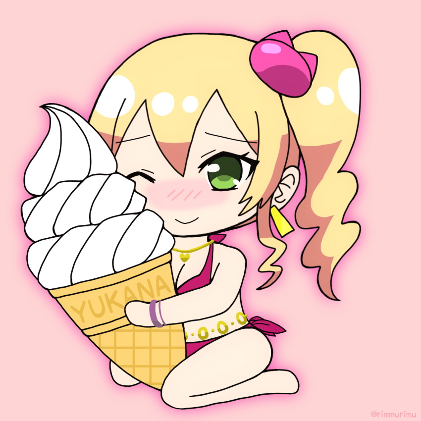 belt bikini character_name chibi earrings female food gold_trim green_eyes gyaru hair_ornament hajimete_no_gal heart ice_cream jewelry multicolored_hair necklace one_eye_closed ponytail rabrimu1329 solo swimsuit yame_yukana