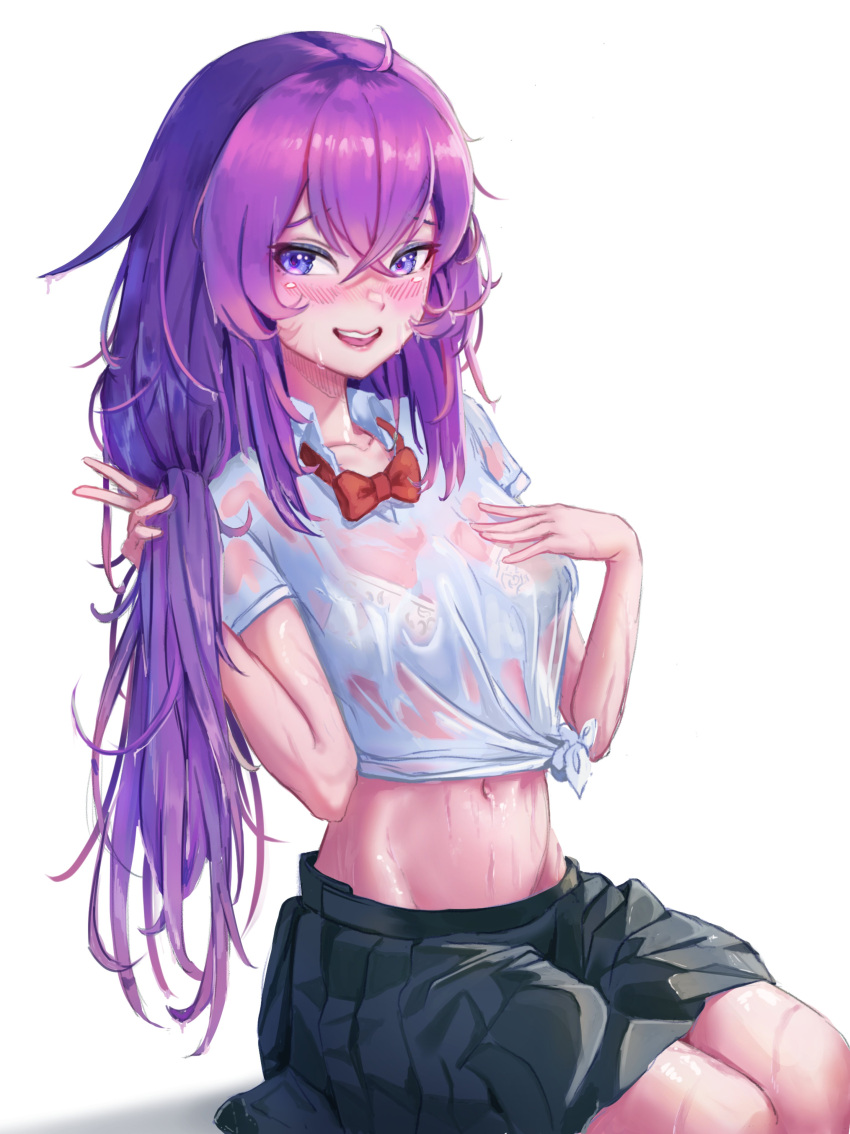 absurdres ahoge alchemilla_menace black_skirt blush bow bowtie bra collared_shirt cyberlive english_commentary female hair_between_eyes hands_up highres lingerie long_hair looking_at_viewer loose_bowtie lunarisbloom messy_hair midriff navel pleated_skirt polo_shirt purple_eyes purple_hair red_bow red_bowtie see-through see-through_shirt shirt short_sleeves simple_background sitting skirt solo thighs tied_shirt traditional_bowtie underwear virtual_youtuber wavy_hair wet wet_clothes wet_hair wet_shirt white_background white_bra white_shirt