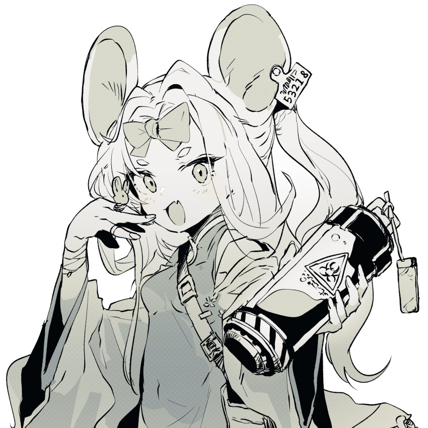 :d animal_ears bag bandaged_arm bandages biohazard_symbol blue_archive bow breasts china_dress chinese_clothes ddari dress ear_tag female fingernails greyscale hand_up highres holding jewelry long_hair looking_at_viewer monochrome mouse_ears oerba_yun_fang ojou-sama_pose open_mouth ring saya_(blue_archive) shoulder_bag simple_background skin_fang small_breasts smile solo white_background