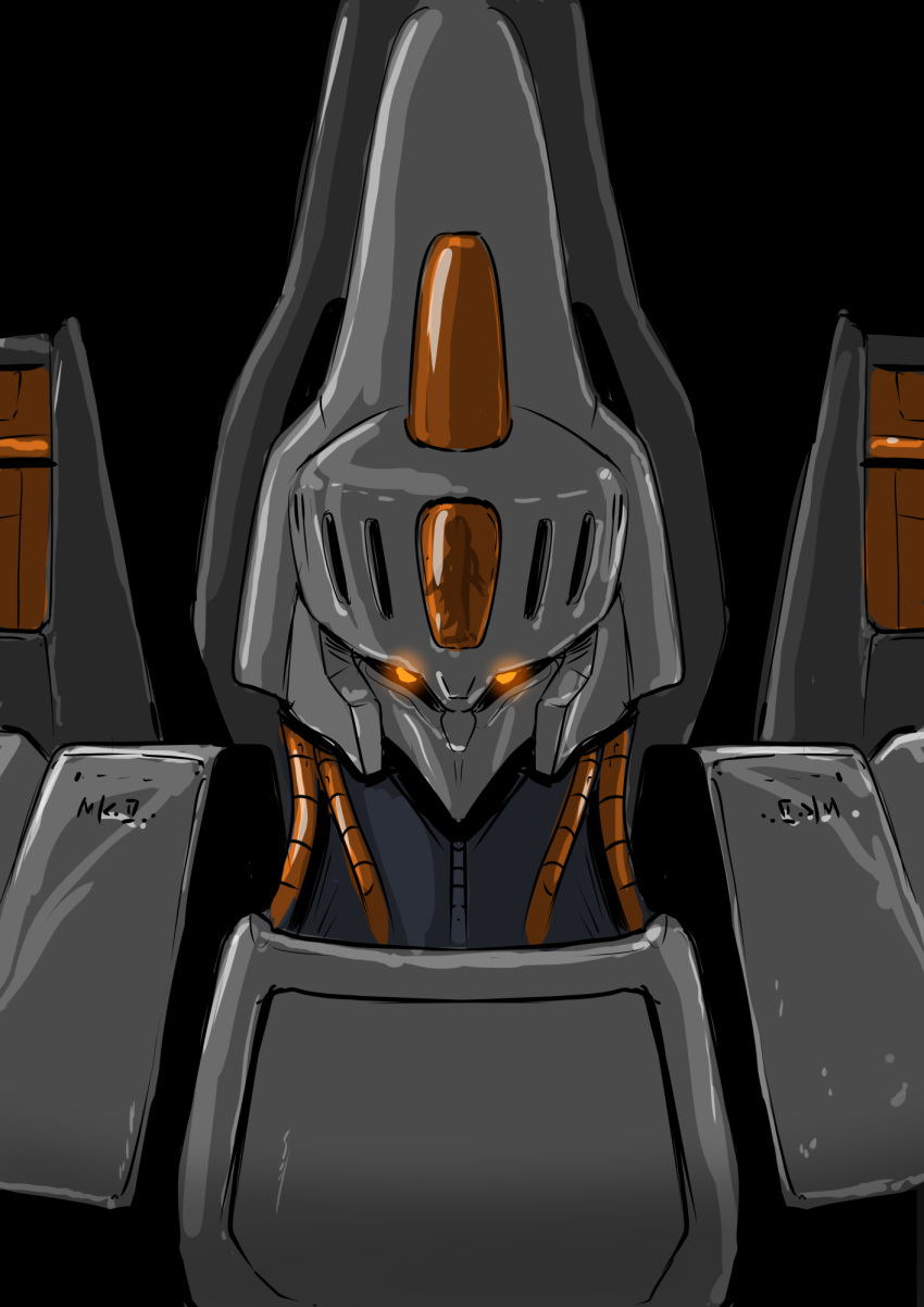 black_background gatakk glowing glowing_eyes highres juusenki_l-gaim l-gaim_mk_ii looking_at_viewer mecha no_humans orange_eyes portrait robot science_fiction solo upper_body