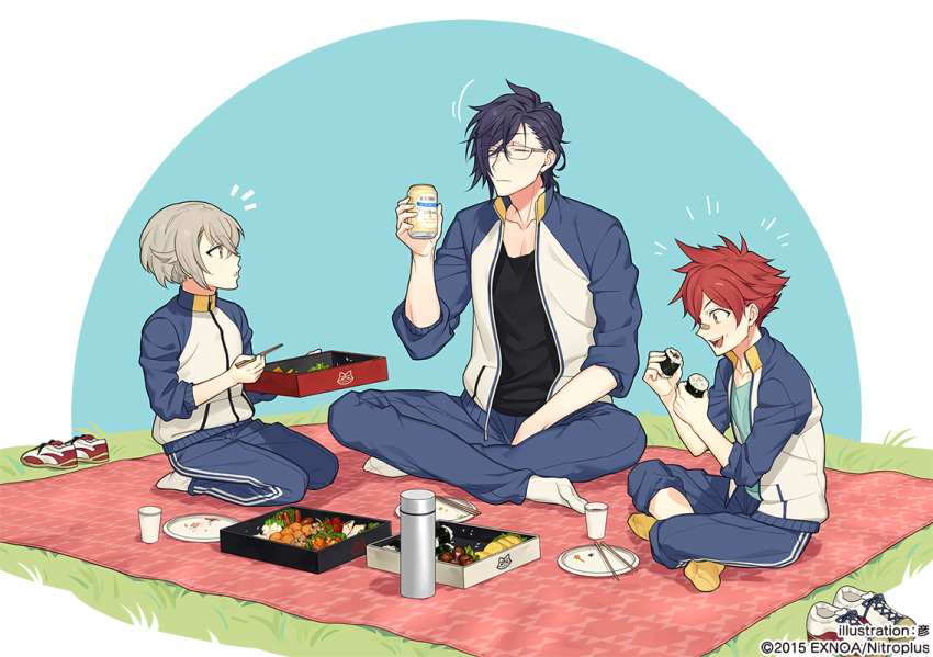 3boys aizen_kunitoshi akashi_kuniyuki bandaid bandaid_on_face bandaid_on_nose beer_can bento blanket can chopsticks closed_eyes commentary_request drink_can food food_on_face glasses green_eyes grey_hair hair_ornament hairclip hotarumaru indian_style male_focus multiple_boys official_art open_mouth plate purple_hair red_hair rice rice_on_face rururara seiza shoes sitting smile sushi touken_ranbu track_suit unworn_shoes yellow_eyes