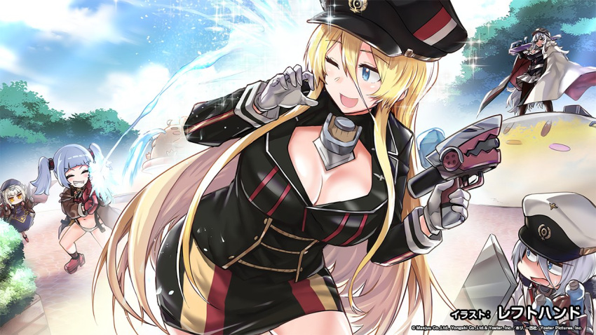 5girls azur_lane azur_lane:_slow_ahead bismarck_(azur_lane) black_skirt blonde_hair blue_eyes blue_hair breasts cape cleavage cleavage_cutout clothing_cutout commentary end_card forest fountain fur-trimmed_cape fur_trim glasses gloves graf_zeppelin_(azur_lane) grey_hair hair_between_eyes hat large_breasts lefthand long_hair manjuu_(azur_lane) medium_hair military military_hat military_uniform miniskirt multiple_girls nature official_art one_eye_closed open_mouth outdoors pantyhose pencil_skirt pleated_skirt second-party_source skirt sky tirpitz_(azur_lane) translated u-556_(azur_lane) uniform very_long_hair water_gun white_cape white_gloves white_hair white_skirt yellow_eyes z46_(azur_lane)