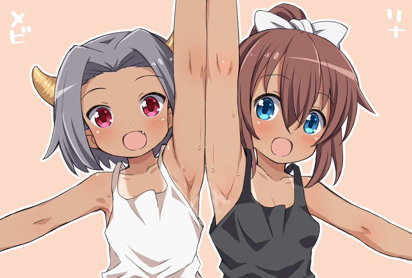 2girls :d armpits arms_up blue_eyes blush bow brown_hair character_name commentary_request grey_hair hair_between_eyes hairbow horns kounosu_satori looking_at_viewer multiple_girls oerba_yun_fang open_mouth orange_background ponytail purple_eyes short_hair sidelocks simple_background smile sweat tan tank_top tanlines tareme upper_body viprpg white_bow