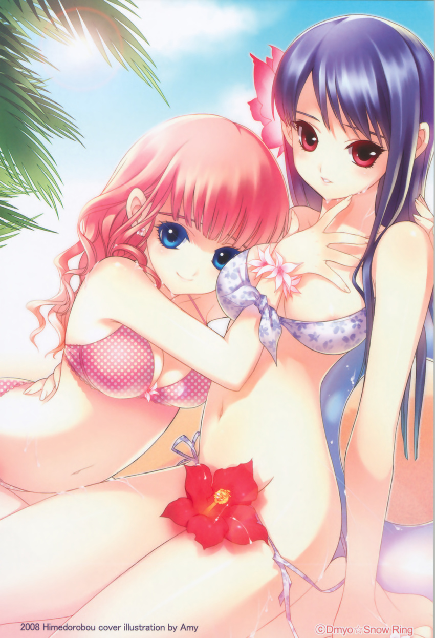 2girls absurdres bikini blue_eyes breasts cleavage copyright_request d_myo flower front-tie_top hair_flower hair_ornament highres innertube long_hair multiple_girls pink_hair polka_dot polka_dot_bikini polka_dot_swimsuit purple_hair red_eyes shirahane_nao short_hair side-tie_bikini swimsuit untied wardrobe_malfunction wet yuri