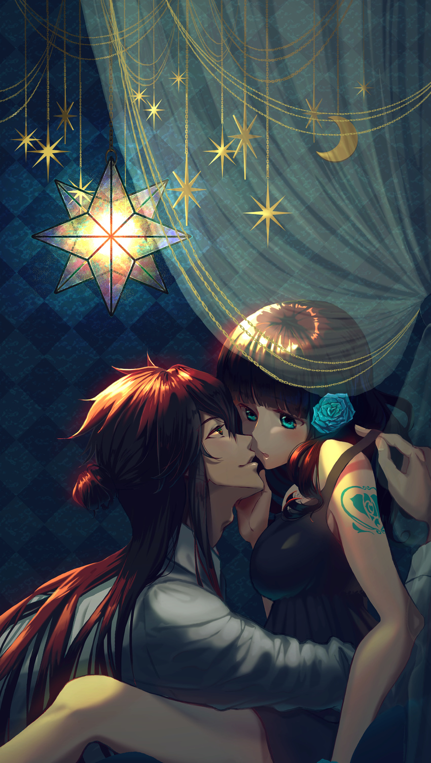 1boy absurdres adam's_apple bad_id bad_pixiv_id black_dress blue_eyes breasts brown_eyes brown_hair cardia_beckford code:realize dress episenpei eye_contact female hair_bun highres imminent_kiss impey_barbicane long_hair looking_at_another medium_breasts single_hair_bun star_(symbol) straight strap_pull tattoo