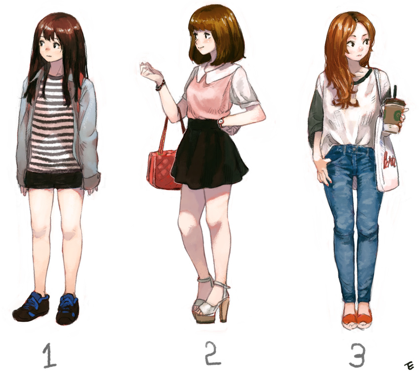 3girls absurdres bag blouse brown_hair coffee commentary_request denim dicorndl fashion full_body handbag high_heels highres jacket jeans long_hair multiple_girls original pants shirt shoes short_hair shorts simple_background skirt sneakers white_background