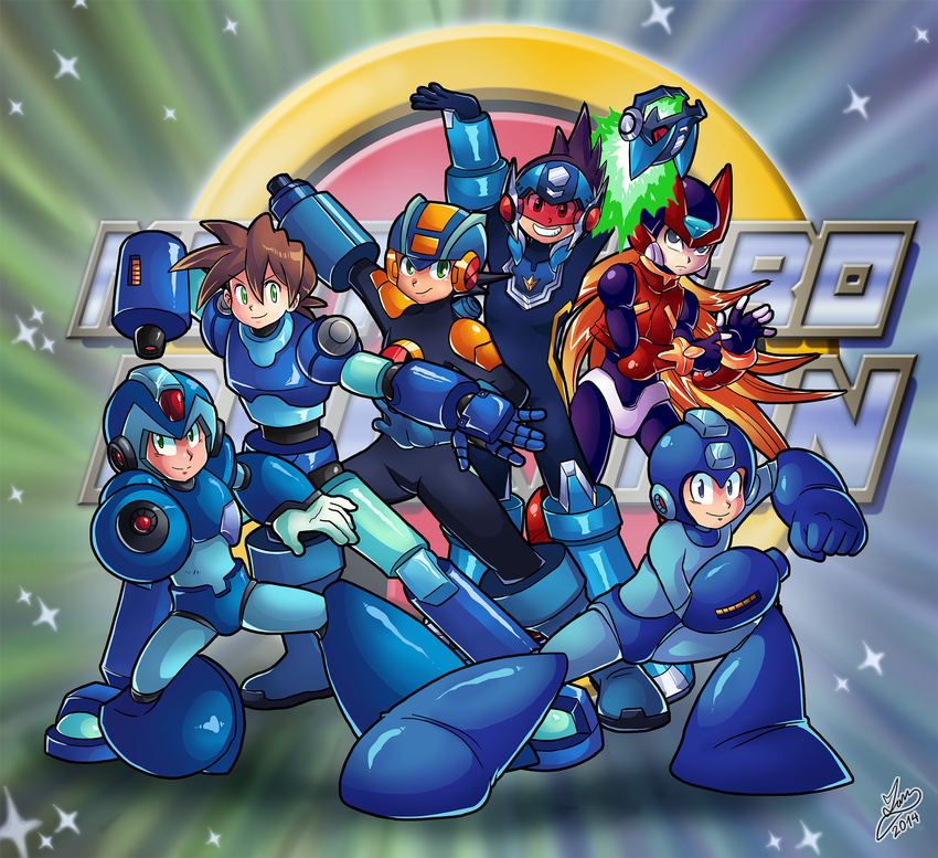 6+boys arm_cannon commentary_request geo_stelar_(mega_man) helmet highres ian_dimas mega_man_(character) mega_man_(classic) mega_man_(series) mega_man_battle_network_(series) mega_man_legends_(series) mega_man_star_force mega_man_volnutt mega_man_x_(series) mega_man_zero_(series) megaman.exe multiple_boys netnavi odd_one_out omega-xis_(mega_man) parody pose ressha_sentai_toqger robot signature sparkle star_force_mega_man super_sentai weapon x_(mega_man) zero(z)_(mega_man) zero_(mega_man)