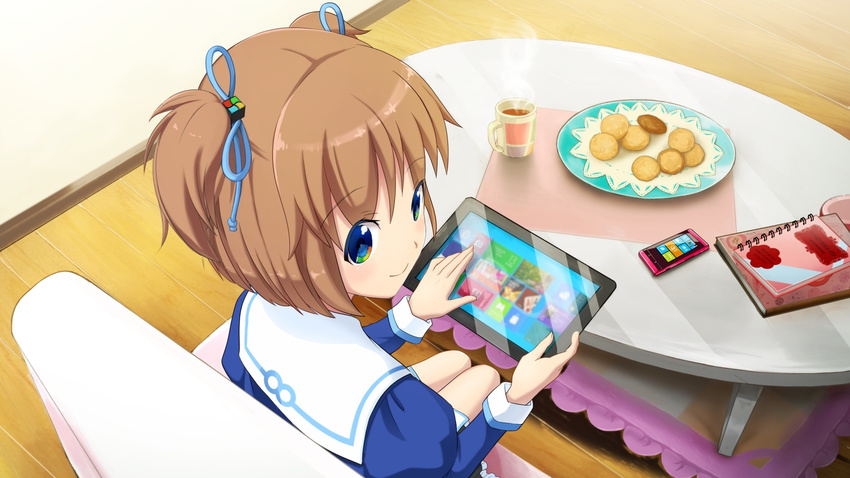 artist_request cookie cup female food from_behind highres long_sleeves looking_back madobe_yuu microsoft notebook os-tan package plate sitting smile solo table tablet_pc windows_8